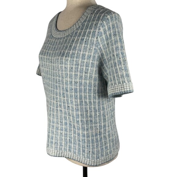 Like new! Talbots Crewneck Sweater - Sequin Plaid in Blue White Silver Sz Medium - Picture 4 of 10